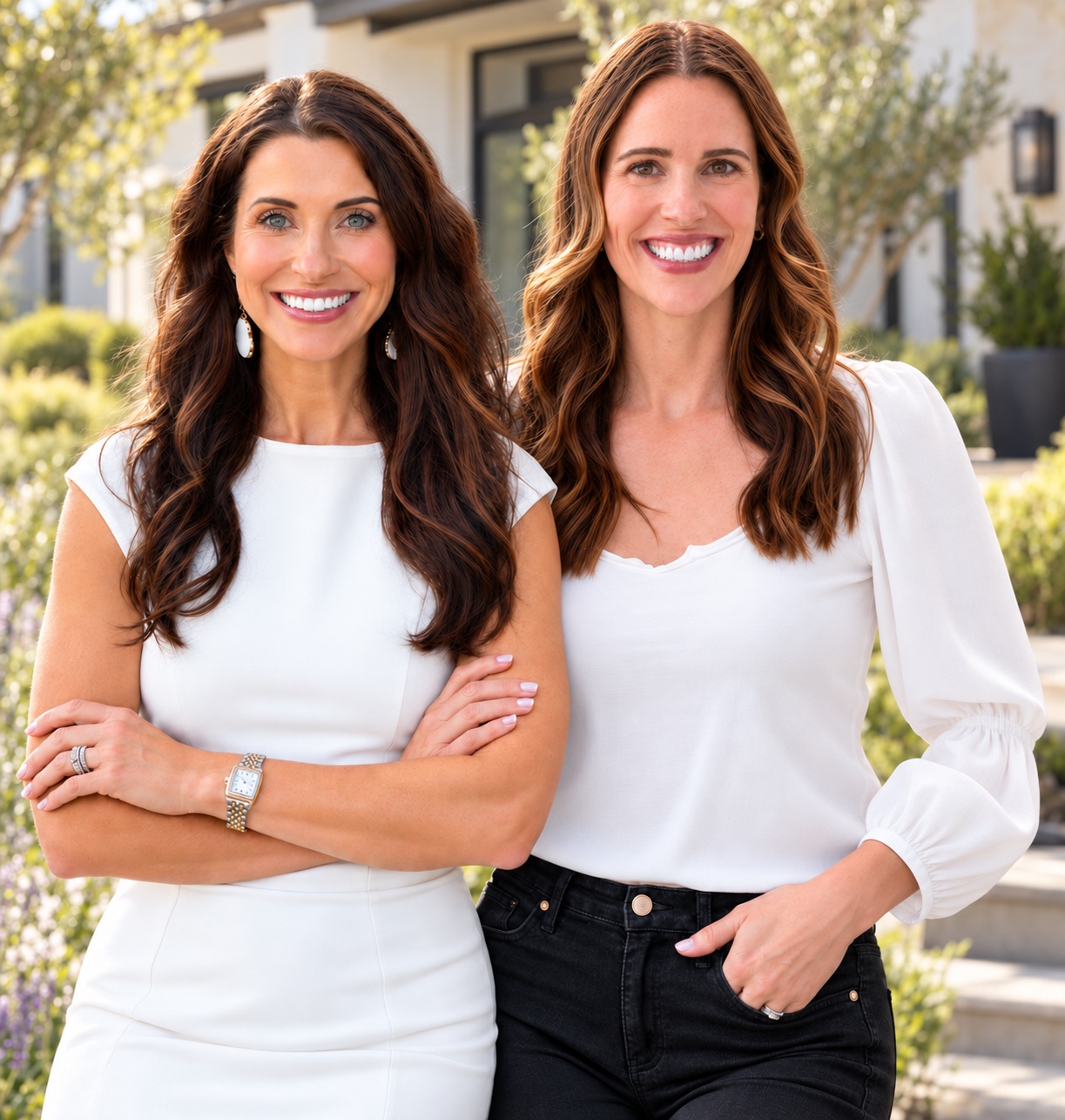 Andrea Holmes and Sarah Donahoe looking toward the camera in front of a Southern California home
